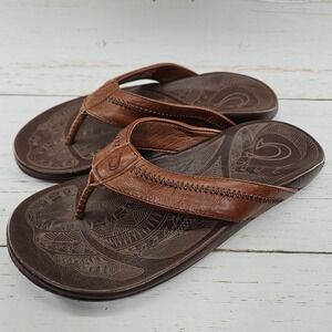 Olukai Hiapo Sandals Mens 10 Flip Flops Brown Leather Casual Slip On 10101